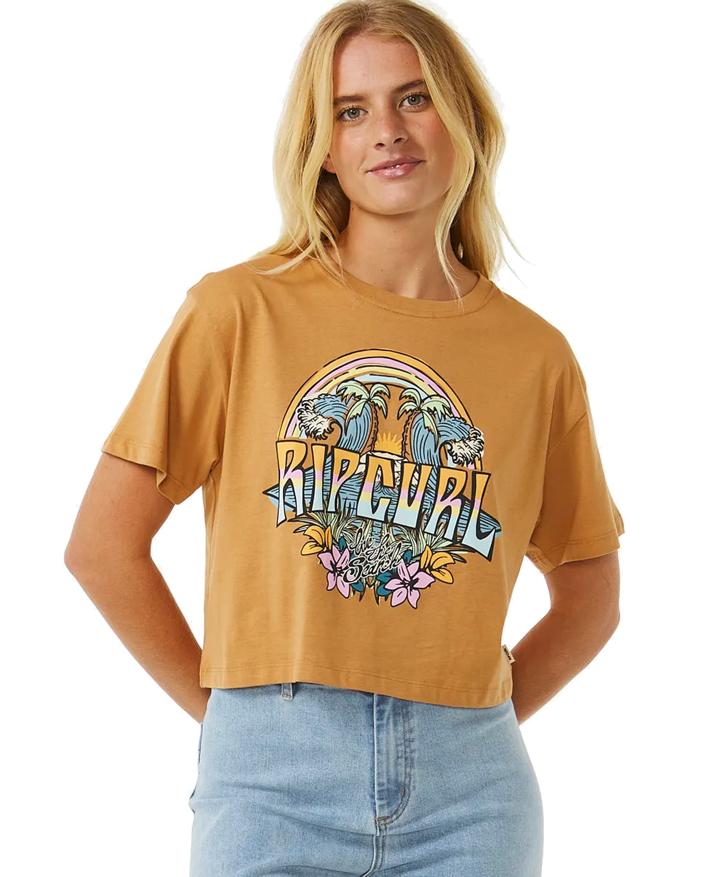  RIP CURL BLOCK PARTY CROP TEE LIGHT BROWN