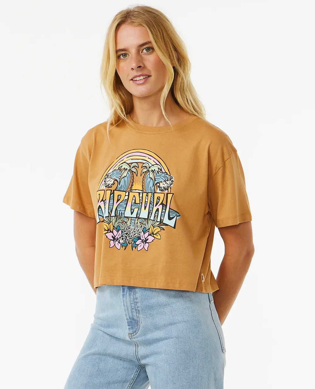  RIP CURL BLOCK PARTY CROP TEE LIGHT BROWN