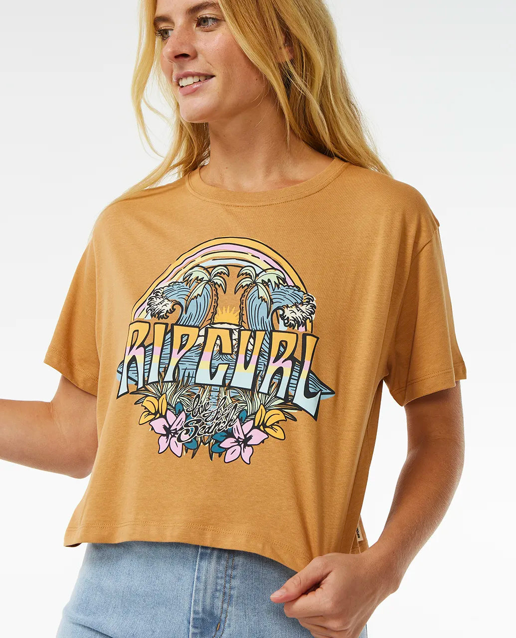  RIP CURL BLOCK PARTY CROP TEE LIGHT BROWN