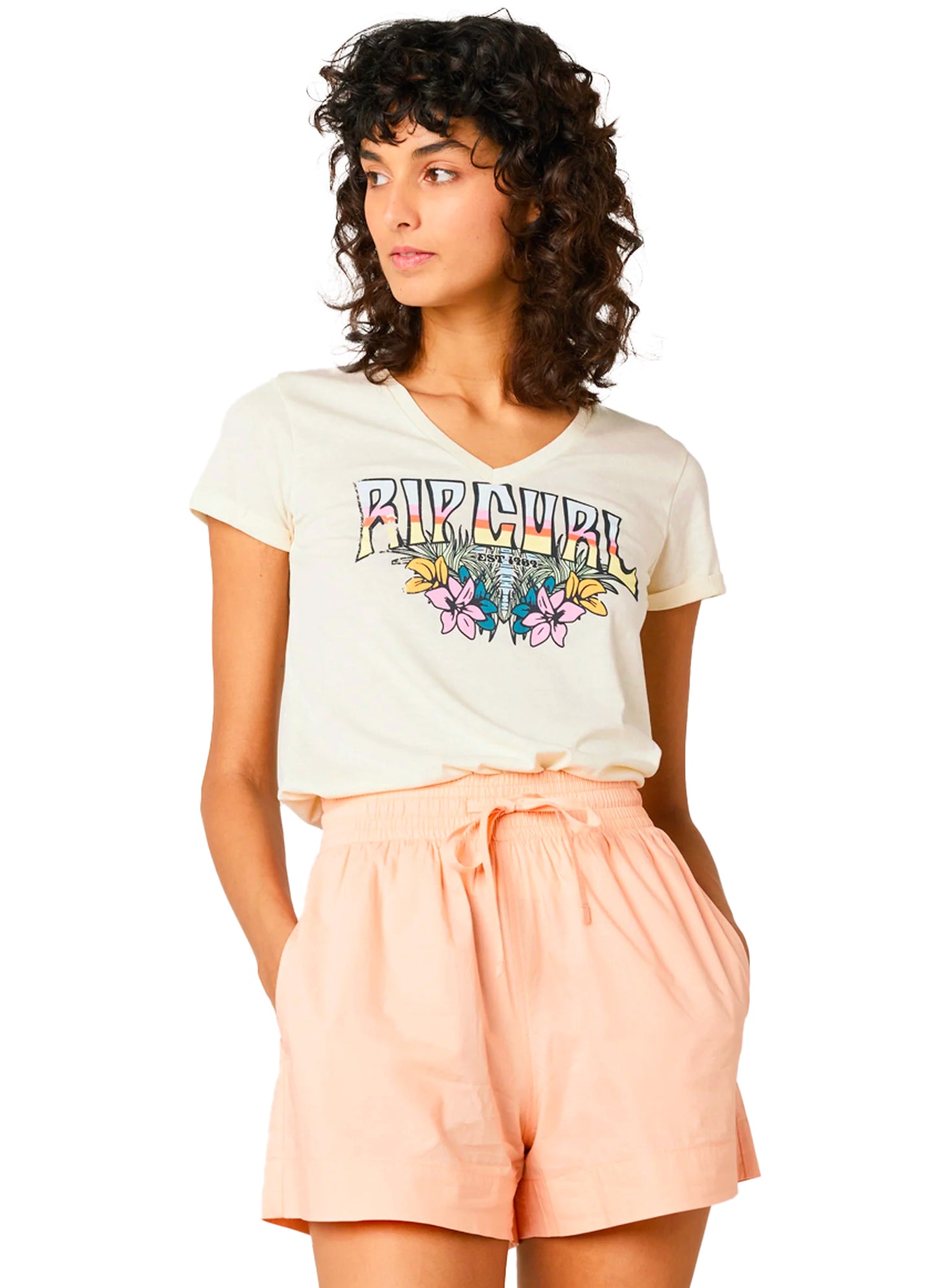  RIP CURL BLOCK PARTY V TEE DONNA OFF WHITE